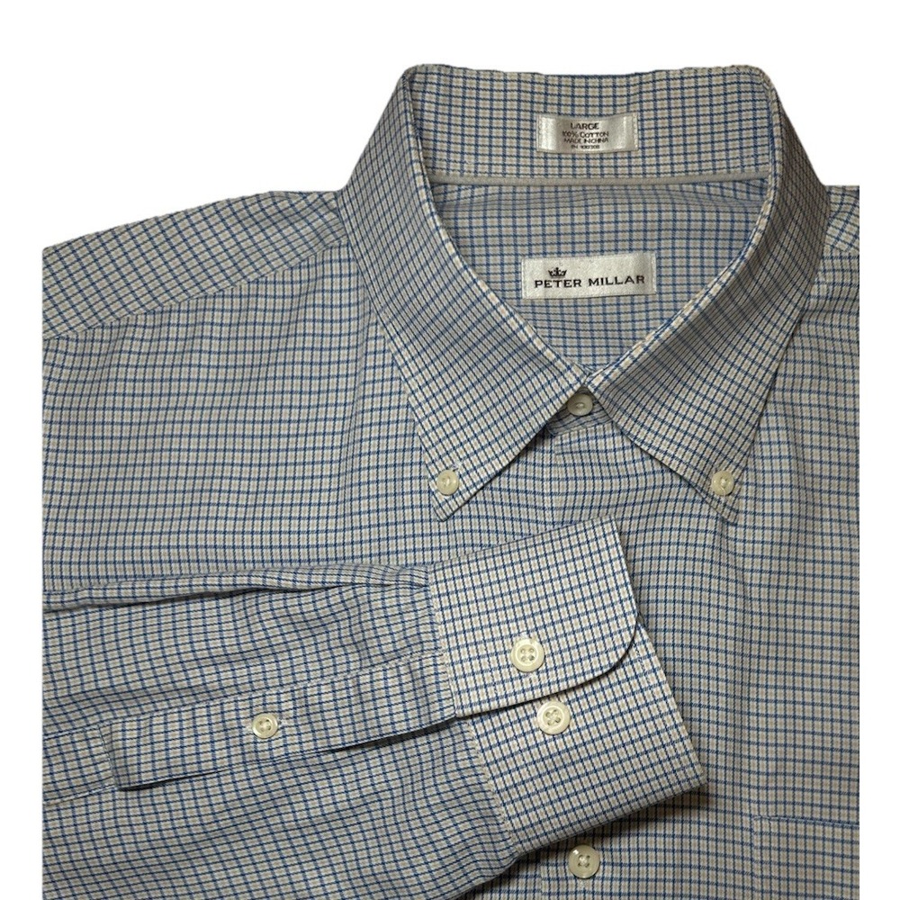 Peter Millar Men's‎ Gingham Long Sleeve Blue Button Down Shirt RN 100308 Size L